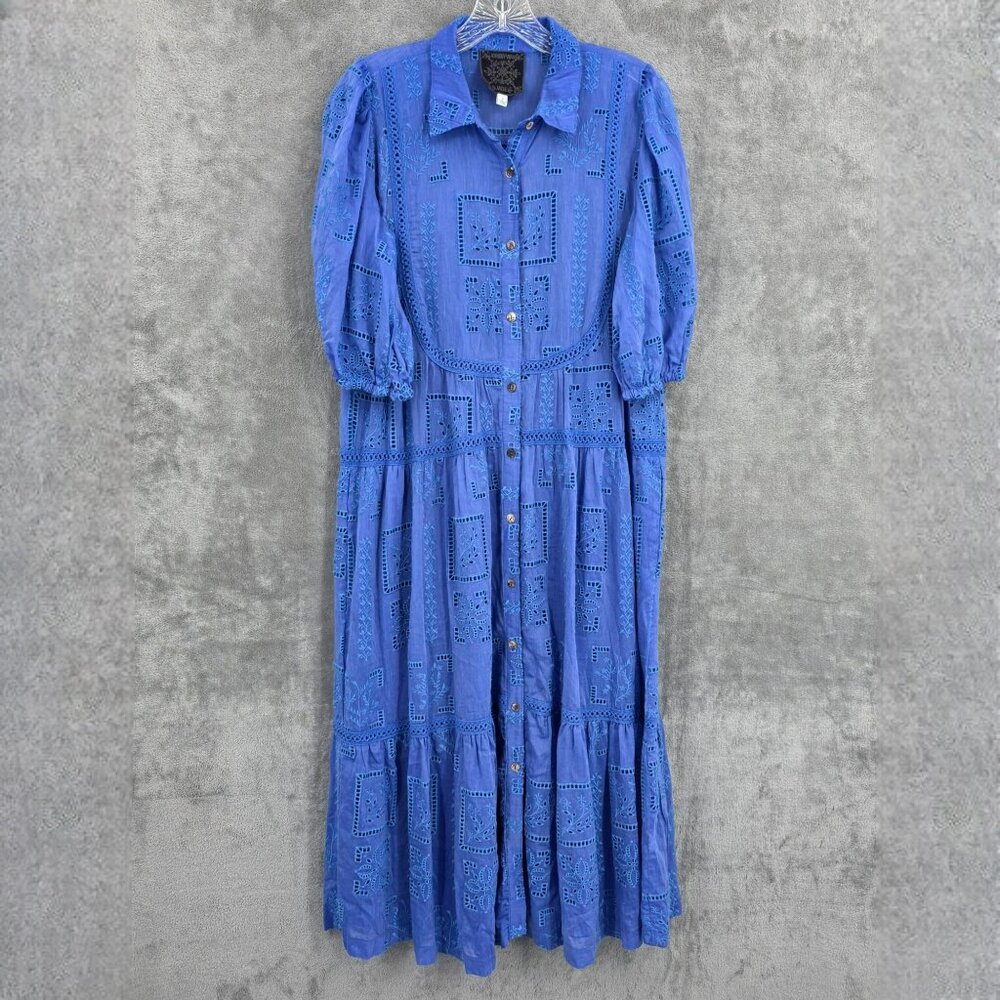 Johnny Was Sadie Embroidered Midi Shirtdress S Blue Eyelet Floral Button Up Boho